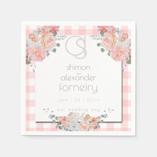 PAPIEREN SERVETTEN | Floral Monogram Coral Gingham (Voorkant)
