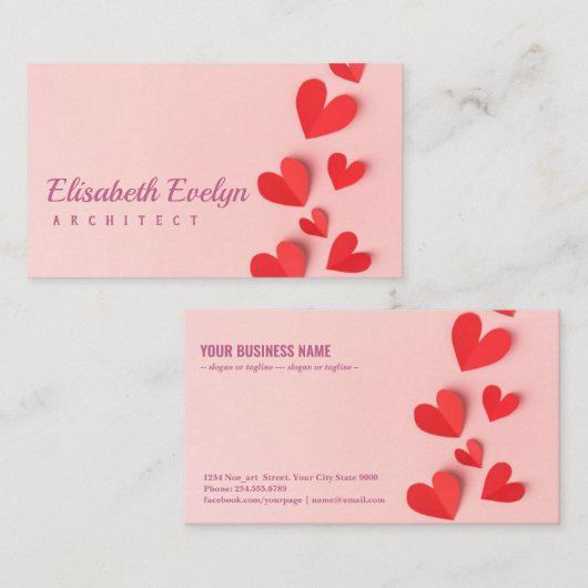 Papieren Valentijnsdag harten roze Visitekaartje (Voorkant / Achterkant)