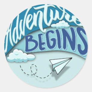 Papieren vliegtuig   Het avontuur begint Ronde Sticker