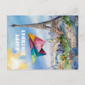 Papieren vliegtuig vliegt in Parijs, Kleurrijk, Aq Briefkaart (Voorkant)