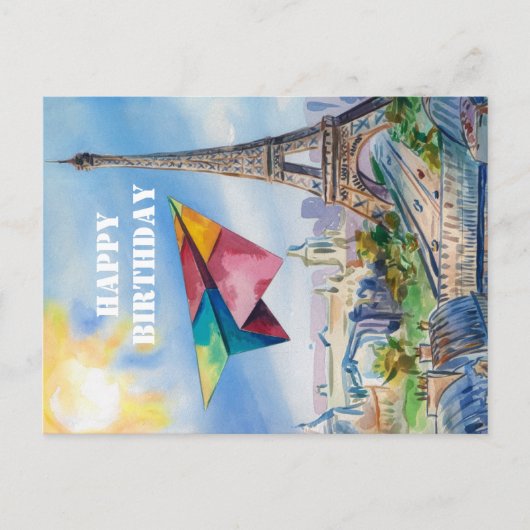 Papieren vliegtuig vliegt in Parijs, Kleurrijk, Aq Briefkaart (Voorkant)