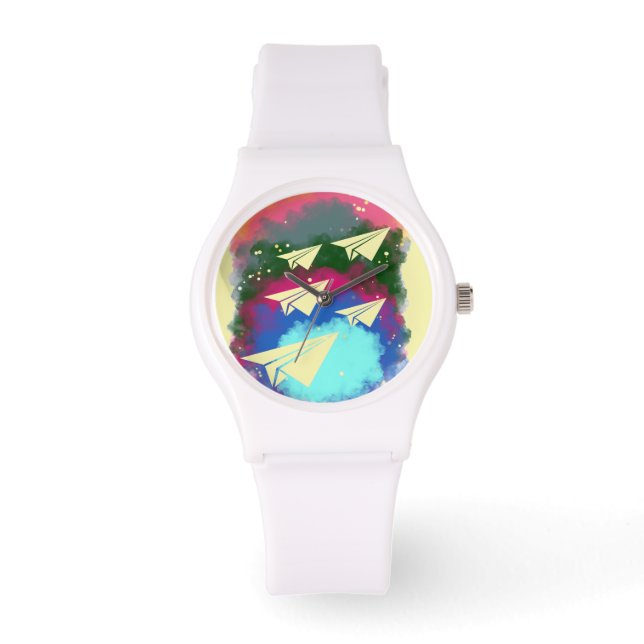 Papieren vliegtuigen en gekleurde rook T-shirt Horloge (Voorkant)