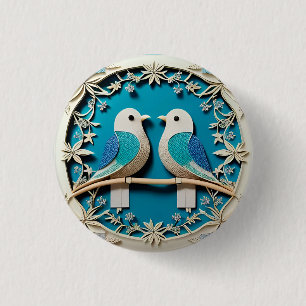 Papierkunst van twee vogels met bloemmotieven ronde button 3,2 cm