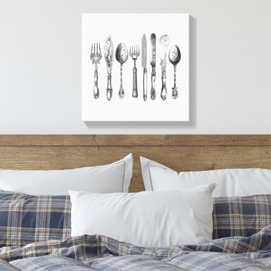 papiermachine Black White Fork Spoon Knife 1800's Canvas Afdruk (Insitu (Slaapkamer))