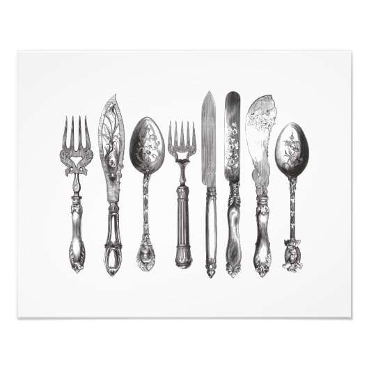 papiermachine Black White Fork Spoon Knife 1800's Foto Afdruk (Voorkant)
