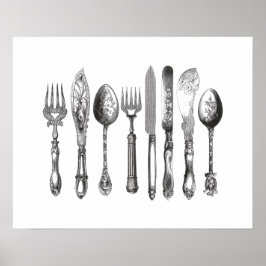  papiermachine Black White Fork Spoon Knife 1800's Poster