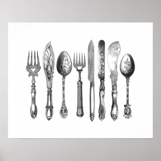 papiermachine Black White Fork Spoon Knife 1800's Poster (Voorkant)