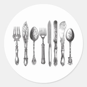 papiermachine Black White Fork Spoon Knife 1800's Ronde Sticker