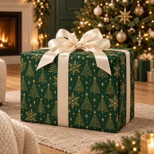 Papiers cadeaux Noël arbres verts émeraude et or