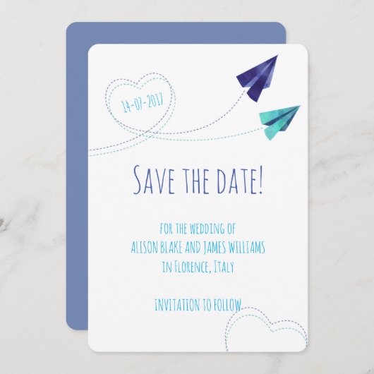 Papiervliegtuig waterverf sla de datumkaart op save the date (Voorkant / Achterkant)