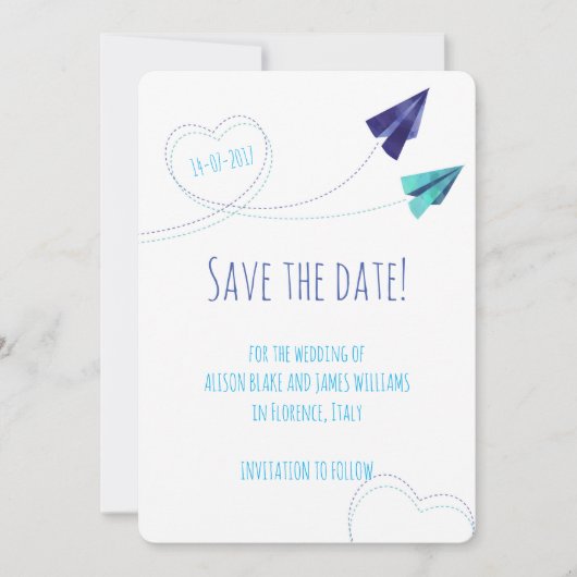 Papiervliegtuig waterverf sla de datumkaart op save the date (Voorkant)