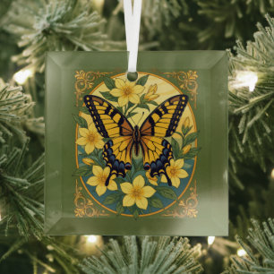 Papilio glaucus vlinder met gele jasmijn glas ornament