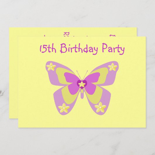Papillon, 15e anniversaire Invitation à la fête (Devant / Derrière)