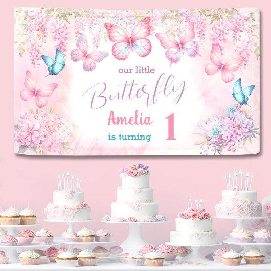 Papillon 1er Anniversaire Fille rose Bannière d'ét