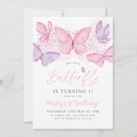 Papillon 1er anniversaire Invitation Pink Purple G (Devant)