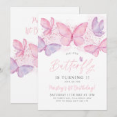 Papillon 1er anniversaire Invitation Pink Purple G (Devant / Derrière)
