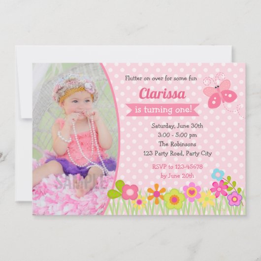 Papillon 1er anniversaire Invitations avec photo (Devant)