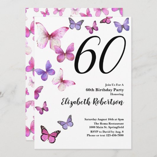 Papillon 60e anniversaire Invitation en rose /pour (Devant / Derrière)