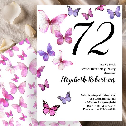 Papillon 72e Invitation anniversaire en rose /pour