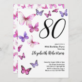 Papillon 80e anniversaire Invitation en rose /pour (Devant / Derrière)