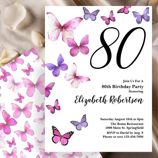 Papillon 80e anniversaire Invitation en rose /pour