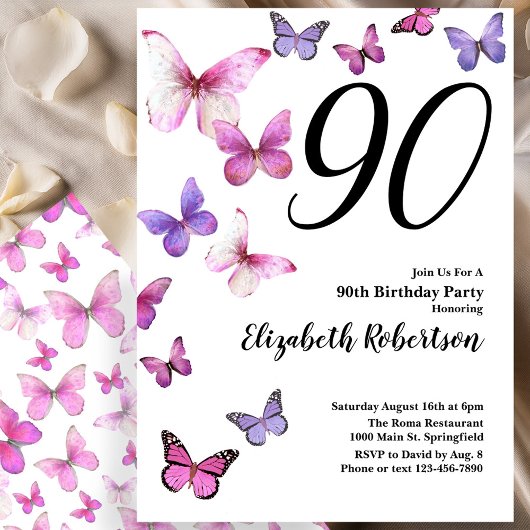 Papillon 90e anniversaire Invitation en rose /pour