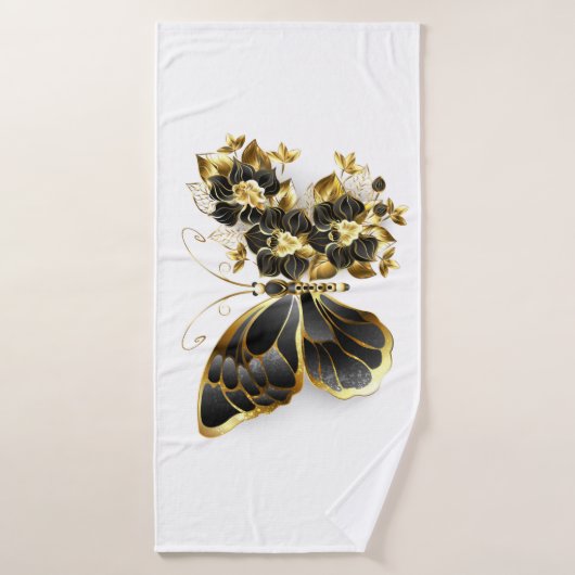 Papillon à fleurs d'or avec orchidée noire (Serviette de bain)
