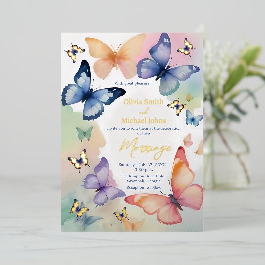 Papillon Aquarelle Papier Or Invitation (Debout devant)