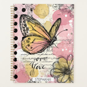 Papillon aquarelle rose or boho art de la nature (