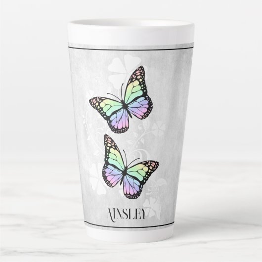 Papillon arc-en-ciel Floral Latte Mug personnalisé (Devant)