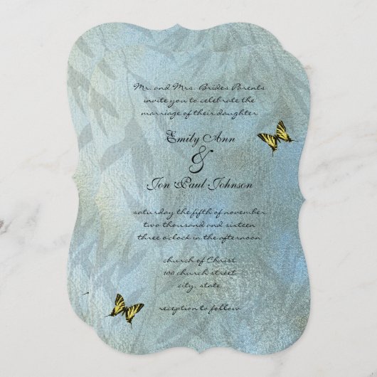 Papillon bleu argenté jaune Faire-part de mariage (Devant / Derrière)