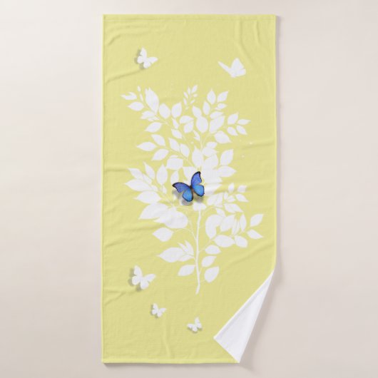 Papillon bleu branche feuillue blanche  (Serviette de bain)