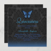 Papillon bleu et Damask Quinceanera Invitation (Devant / Derrière)