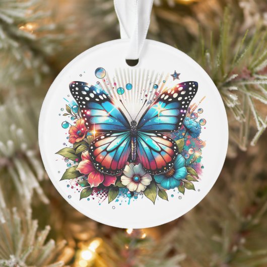 Papillon bleu et fleurs Noël personnalisé (Arbre)