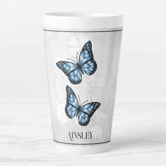 Papillon bleu Floral Latte Mug personnalisé (Devant)