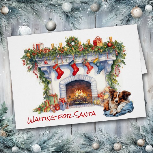 Papillon Chien attendre Père Noël Cheminée de Noël