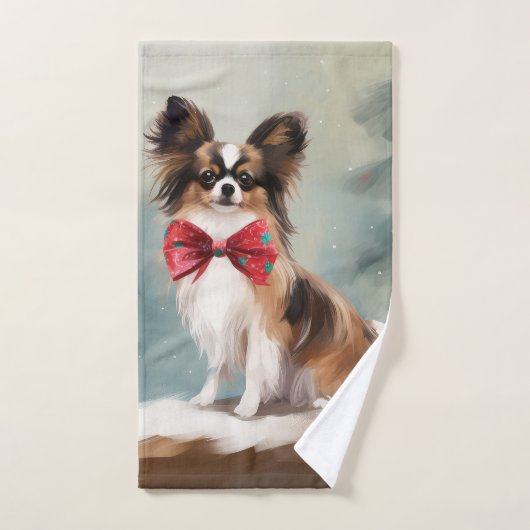 Papillon Chien dans la neige de Noël (Serviette à main)