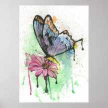 Papillon d'aquarelle sur affiche de fleur margueri