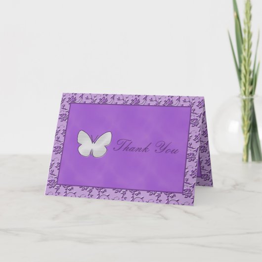 Papillon d'argent sur carte de remerciement violet (Devant)