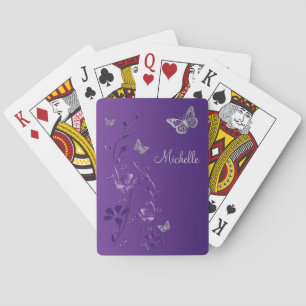 Papillon d'argent violet Floral Cartes de jeu