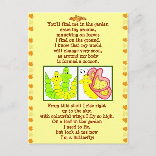 Papillon de la chenille poème carte postale (Devant)