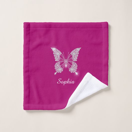 Papillon Diamant Blanc, Nom du script, Fuchsia pro (Gant de toilette)