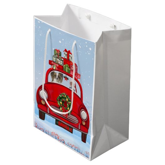 Papillon Dog in auto met kerstman Medium Cadeauzakje (Voorkant Gekanteld)