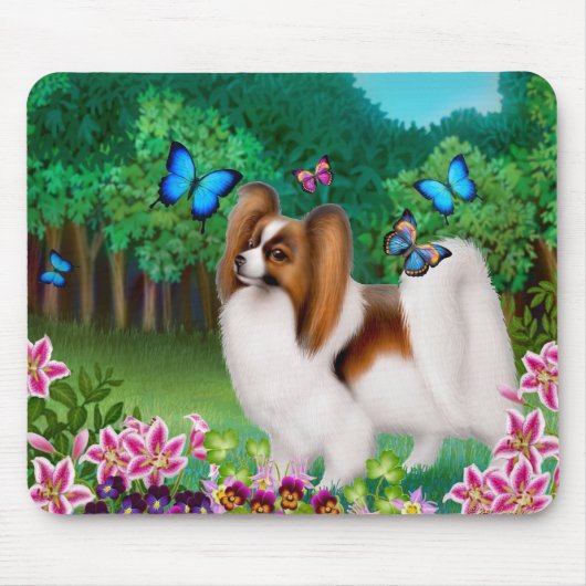 Papillon Dog in de tuin van Mousepad Muismat (Voorkant)