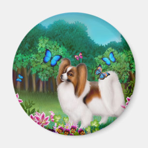 Papillon Dog in Garden Round Magnet Magneet