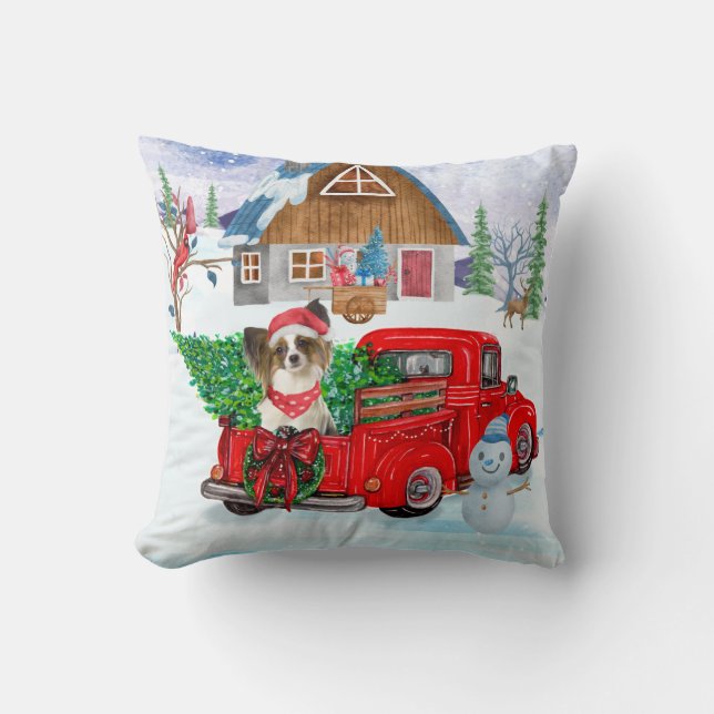 Papillon Dog in kerstcadeau, vrachtwagen sneeuw Kussen (Voorkant)
