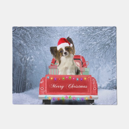 Papillon Dog in sneeuw, met kerstmis Deurmat (Voorkant)