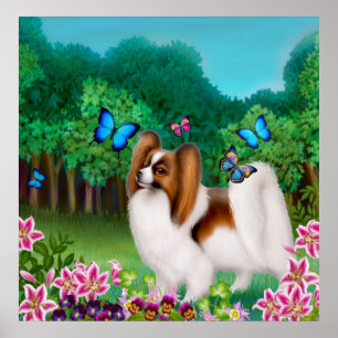 Papillon Dog in tuinafdrukken Poster