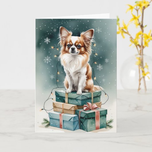 Papillon Dog Kerstgroet Kaart (Gele Bloem)