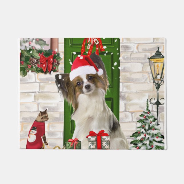 Papillon Dog Kerstmis Deurmat (Voorkant)
